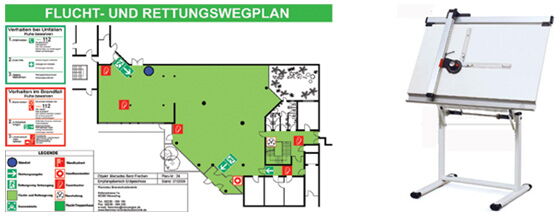 Flucht- und Rettungswegplan zeigt sichere Ausgänge und Notfallinformationen für Gebäude.